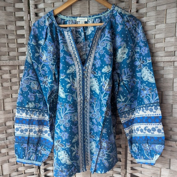 Sundance Tops - Sundance Arvilla Blue Floral‎ Cotton Silk Blend Peasant Blouse Top Sz M Boho New